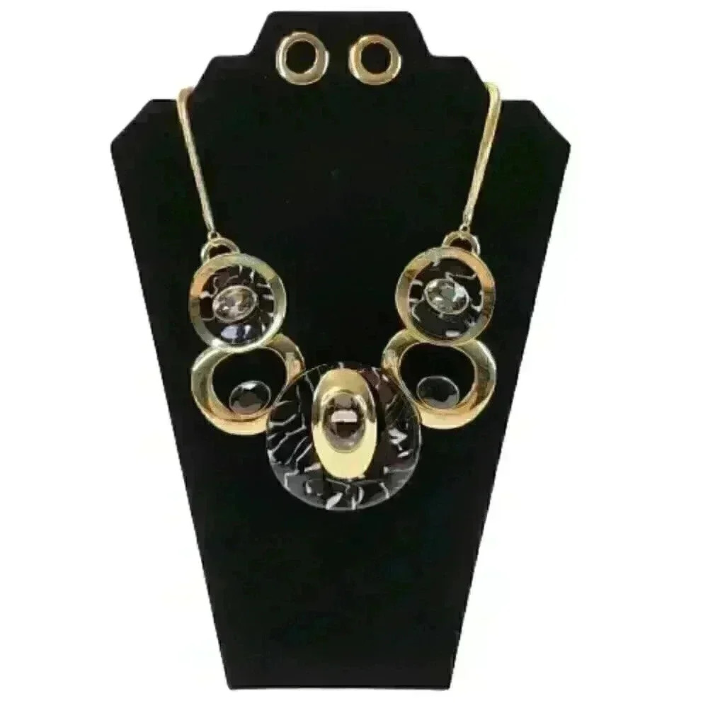 Handmade Adjustable Black/White/Gold Necklace and Earrings Set